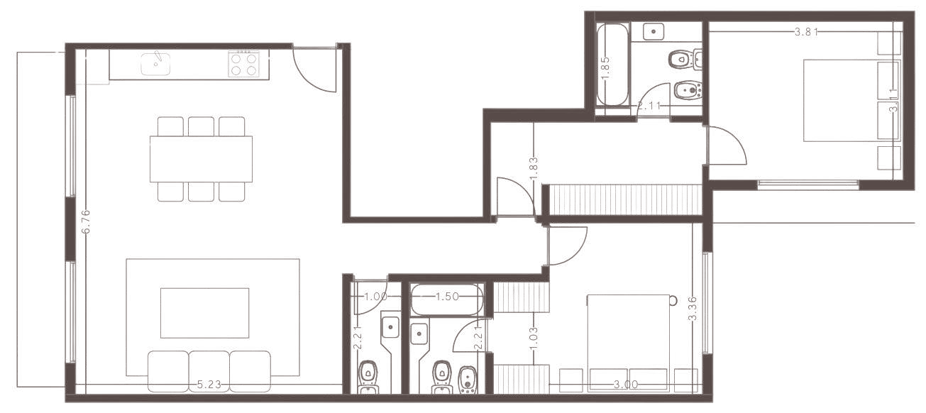 Planta de 2 ambientes de 96,32 m², unidades 102, 202, 302 y 402