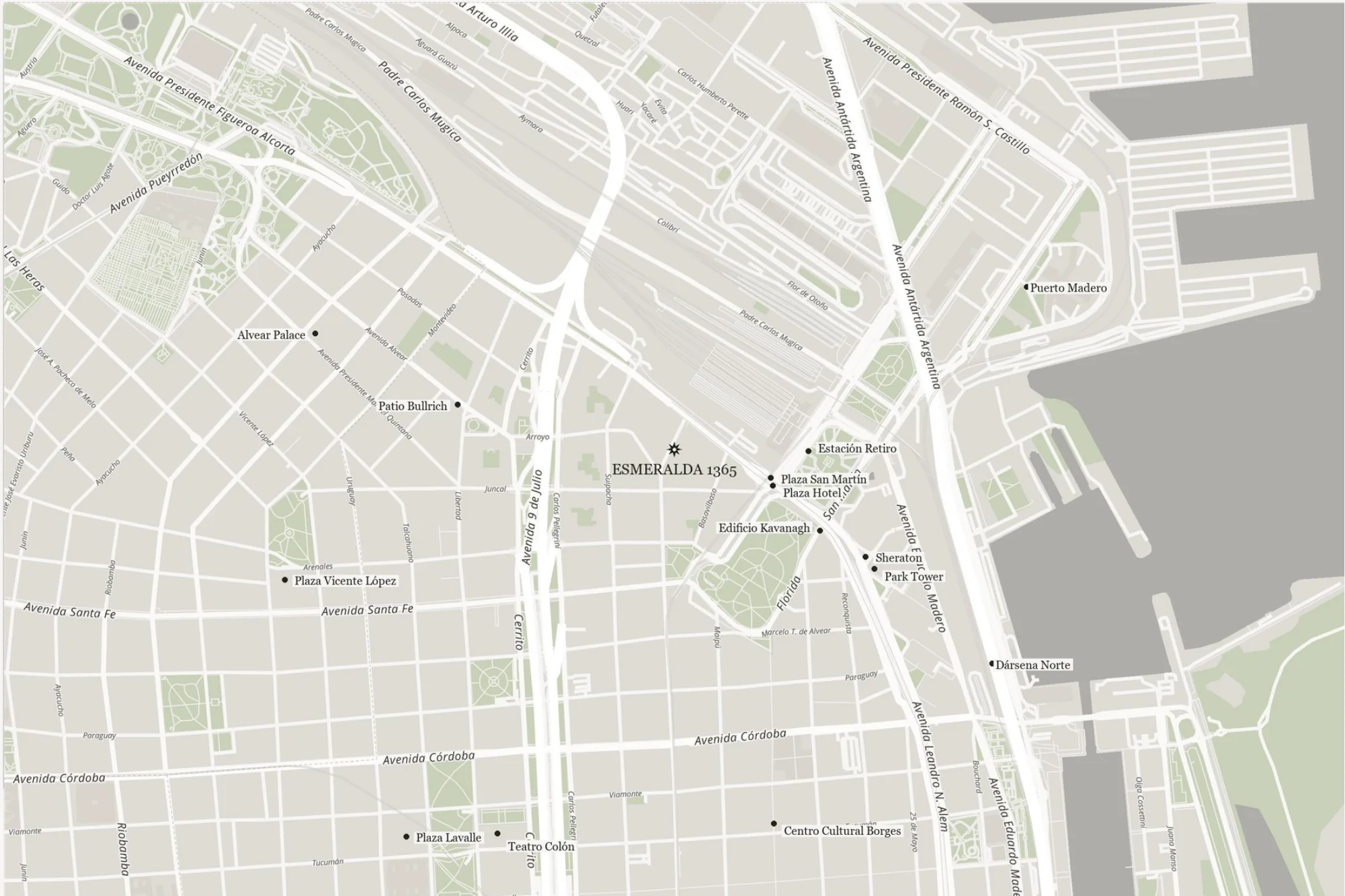 Mapa de Retiro con la ubicación de Esmeralda 1365 y los puntos del barrio